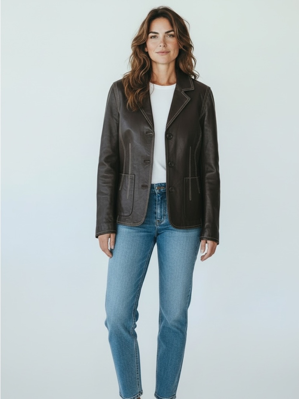 Brown leather blazer CRUZE genuine leather jacket dark brown contrasting  small